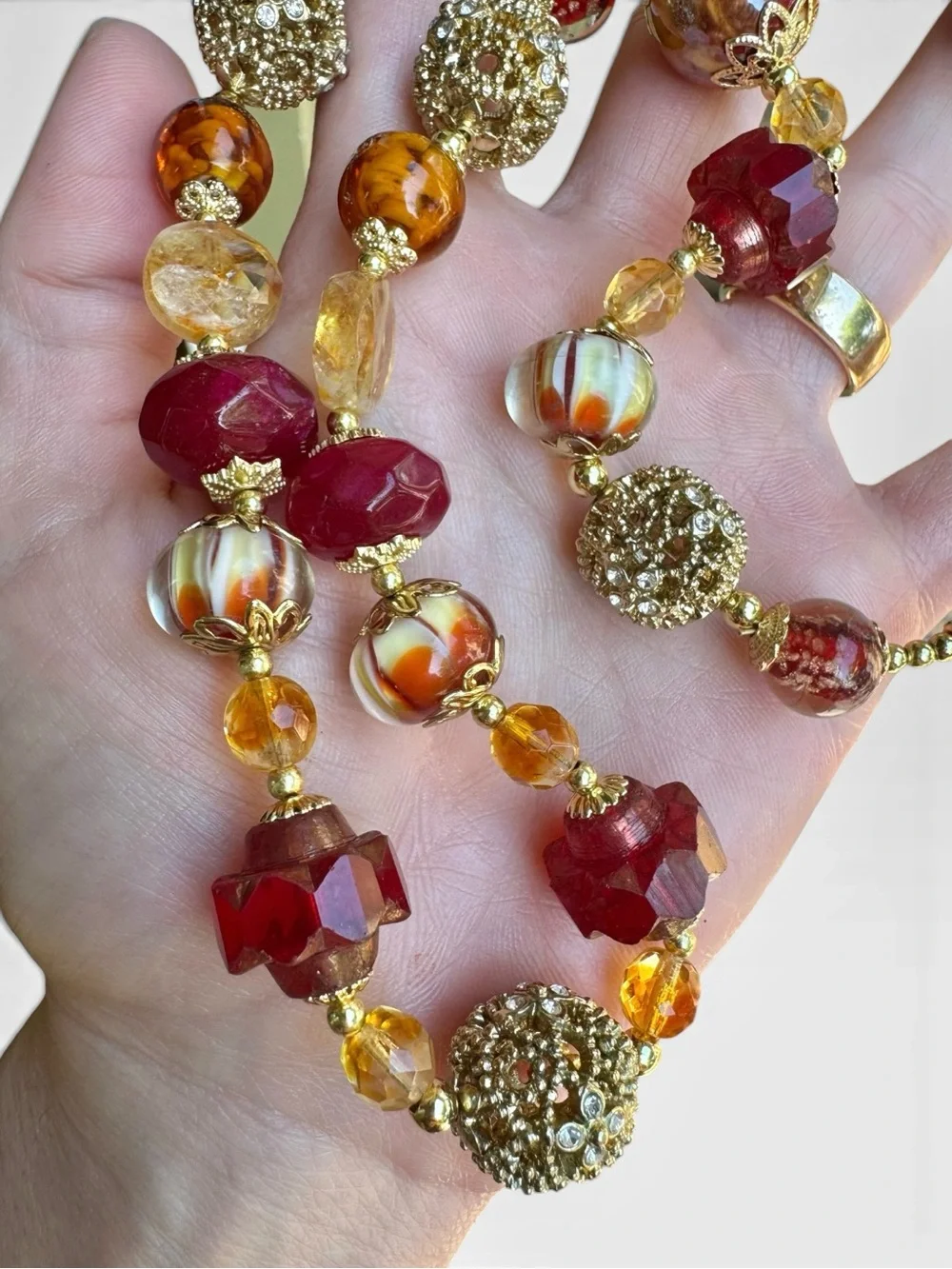 ARTISAN Lampwork Glass, Czech Glass, Ruby & Citrine Necklace